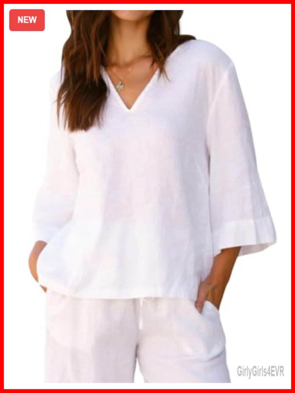 Womens Linen Tunic Top 3/4 Sleeve V Neck Relaxed Fit Blouse Casual Summer